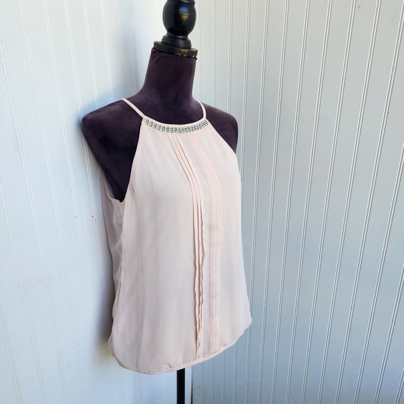 Express Womens Beaded Collar Tank Blush Pink Elastic Hem Back Neck Keyhole Sz M - Picture 2 of 12